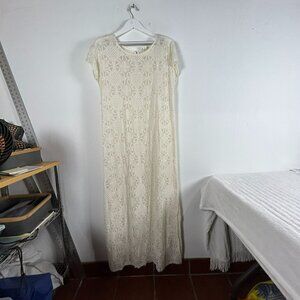 Lilka Women's Lace Sheer Short Sleeve Round Neck Casual Midi Dress Cream XL